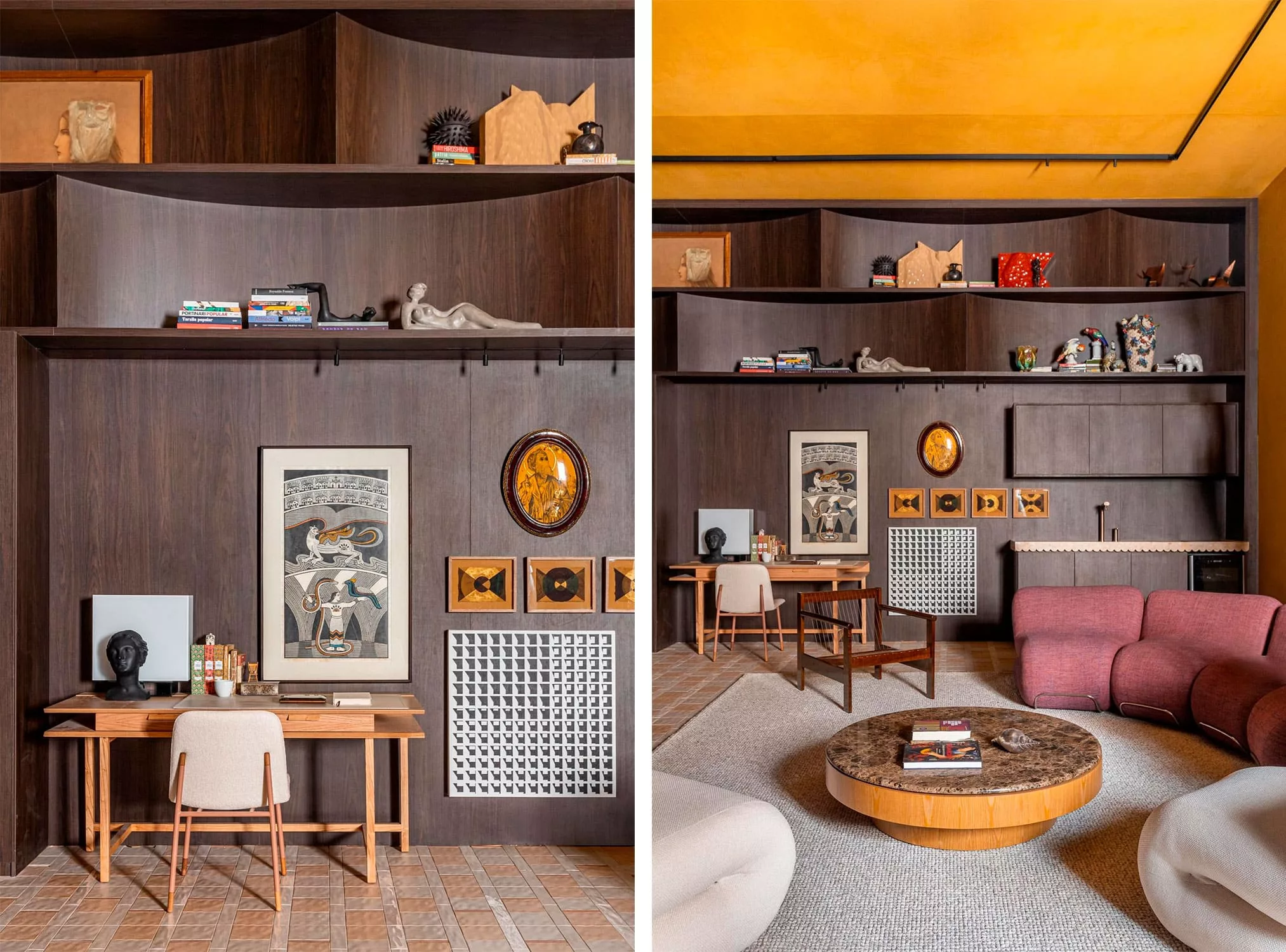 Casa híbrida apresenta sala de estar e home office em um só ambiente